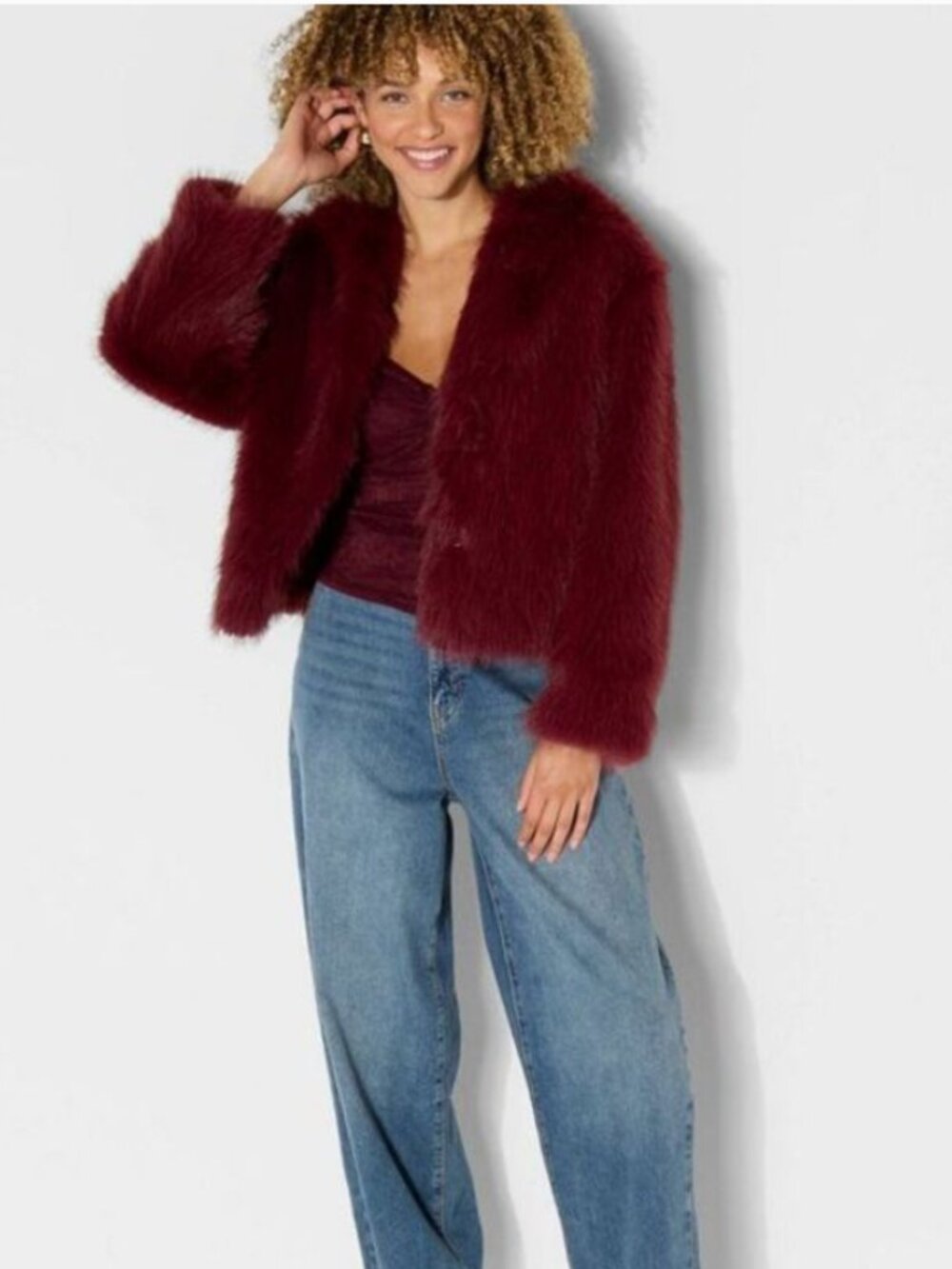 Women's Wild Fable Short Faux Fur Jacket, Burgundy, Small